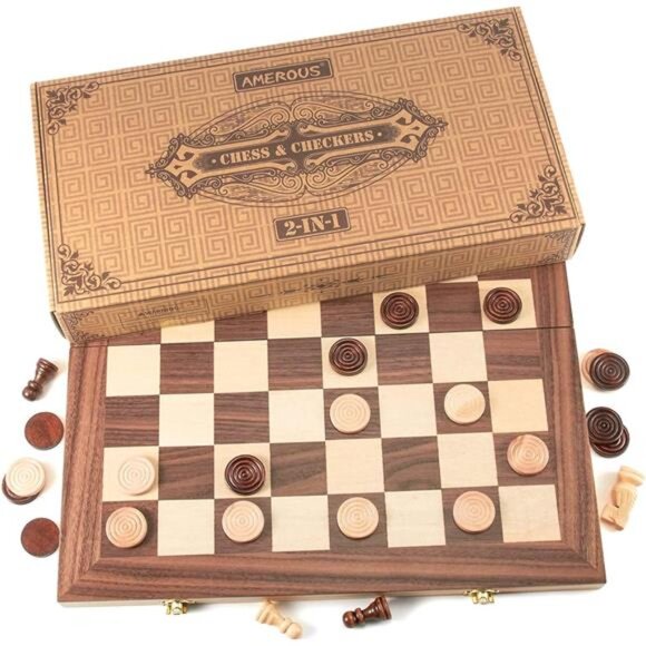 Wooden Chess & Checkers Set, Board Games -2 Extra Queens -24 Cherkers Pieces - Picture 4 of 16